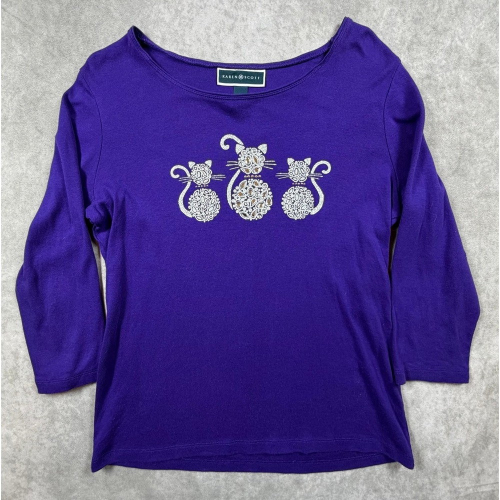 Karen Scott Womens Medium T Shirt Cotton Purple Cats Rhinestone 3/4 Sleeve